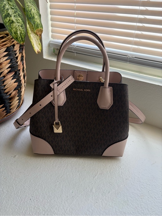 Michael Kors Handbags - Michael Kors Brown Monogram Satchel with Blush Trim